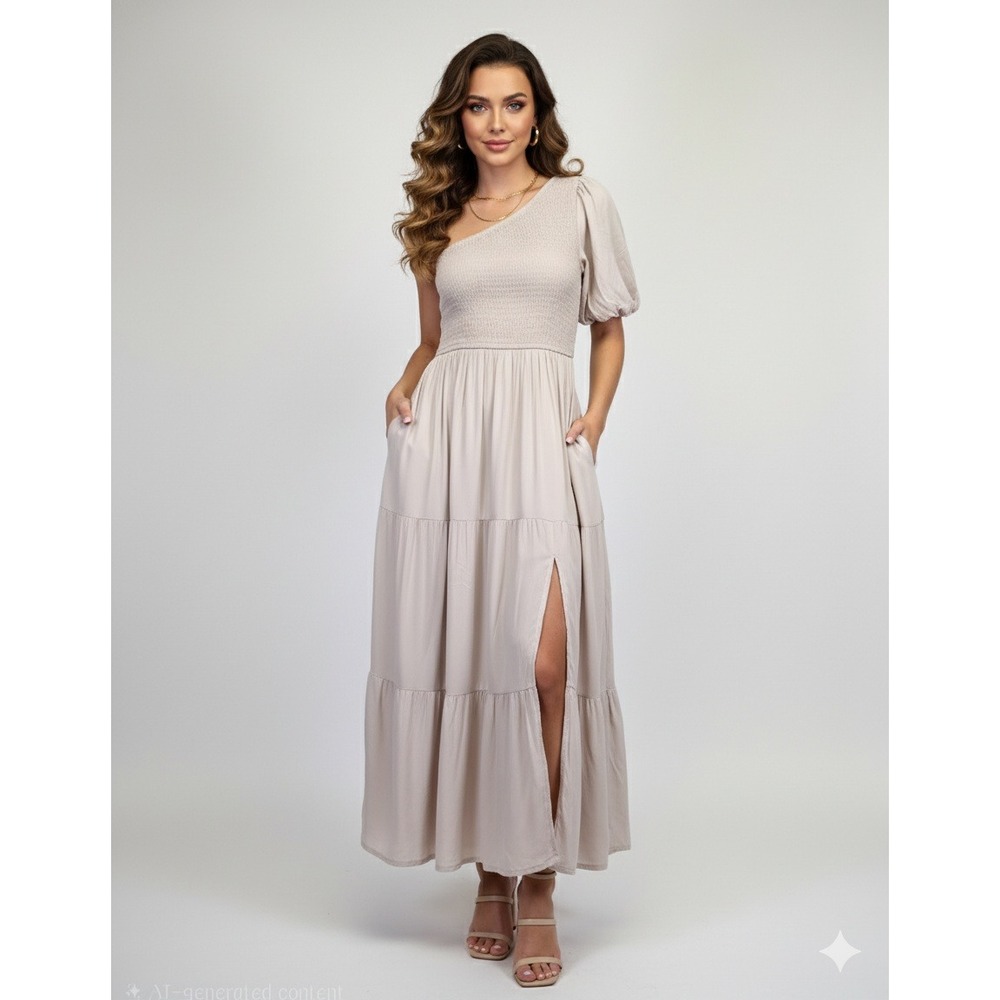 ZESICA Maxi Dress Womens S Beige One Shoulder Smocked Tiered Boho Chic Flowy NEW